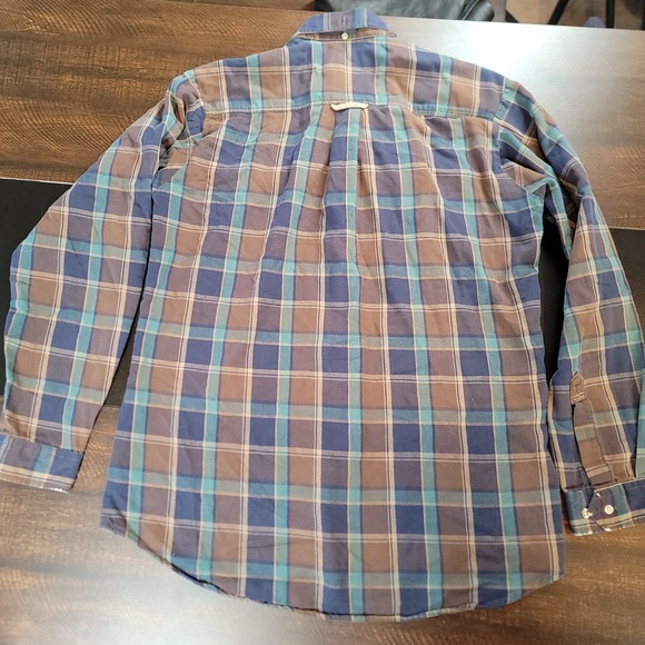 Vintage Rough Stock Panhandle Slim sz 15 1/2 -34 Brown Blue Plaid Button Shirt - Picture 7 of 9